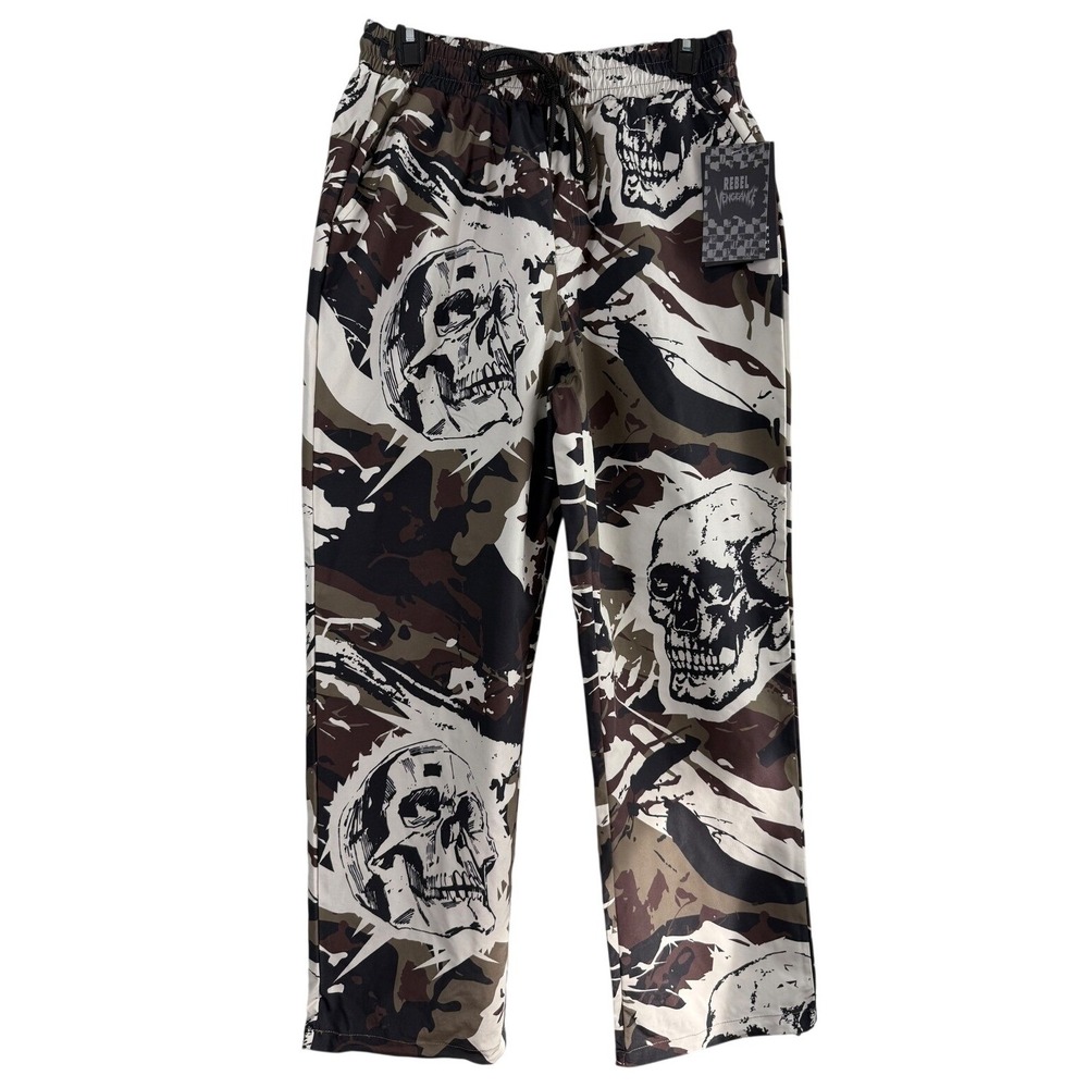 Rebel Vengeance Mens Skull Camo Loose Fit Wind Pants Brown Green Streetwear M